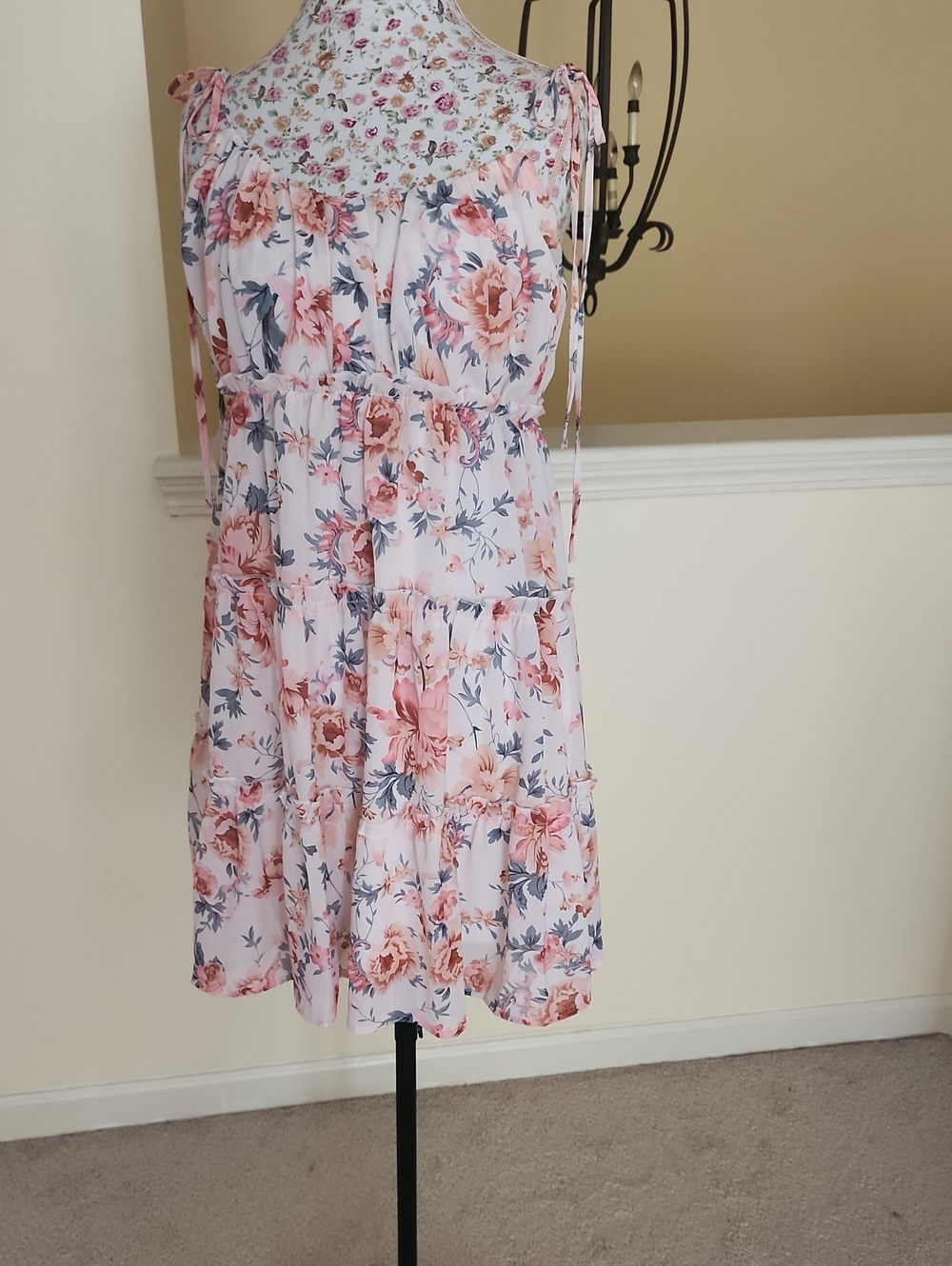 Floral Pink Tiered Tie-Shoulder Mini Dress